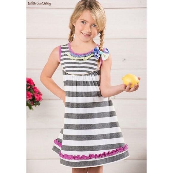 Matilda Jane Sz. 2T Vanilla Swirl Dress Gray Stripes Adventure Begins GUC - Picture 1 of 6